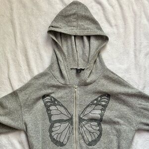 Grey Zip Up Jacket With Rhinestones USED - Medium  
- Butterfly Shape